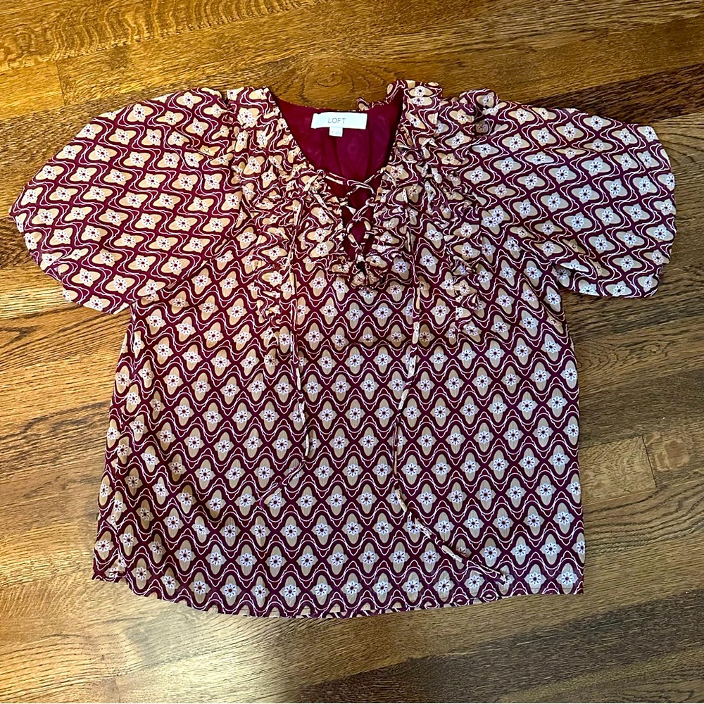 LOFT Puff Sleeve Lace Tie V-Neck Blouse - Size Small
